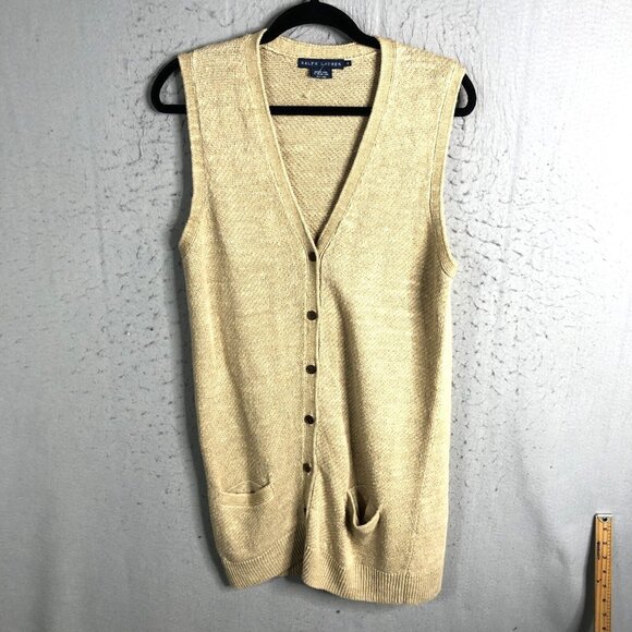 Ralph Lauren Sweater Vest L Tan Linen Longline  Italian Yarn Academia Old Money - Picture 1 of 15